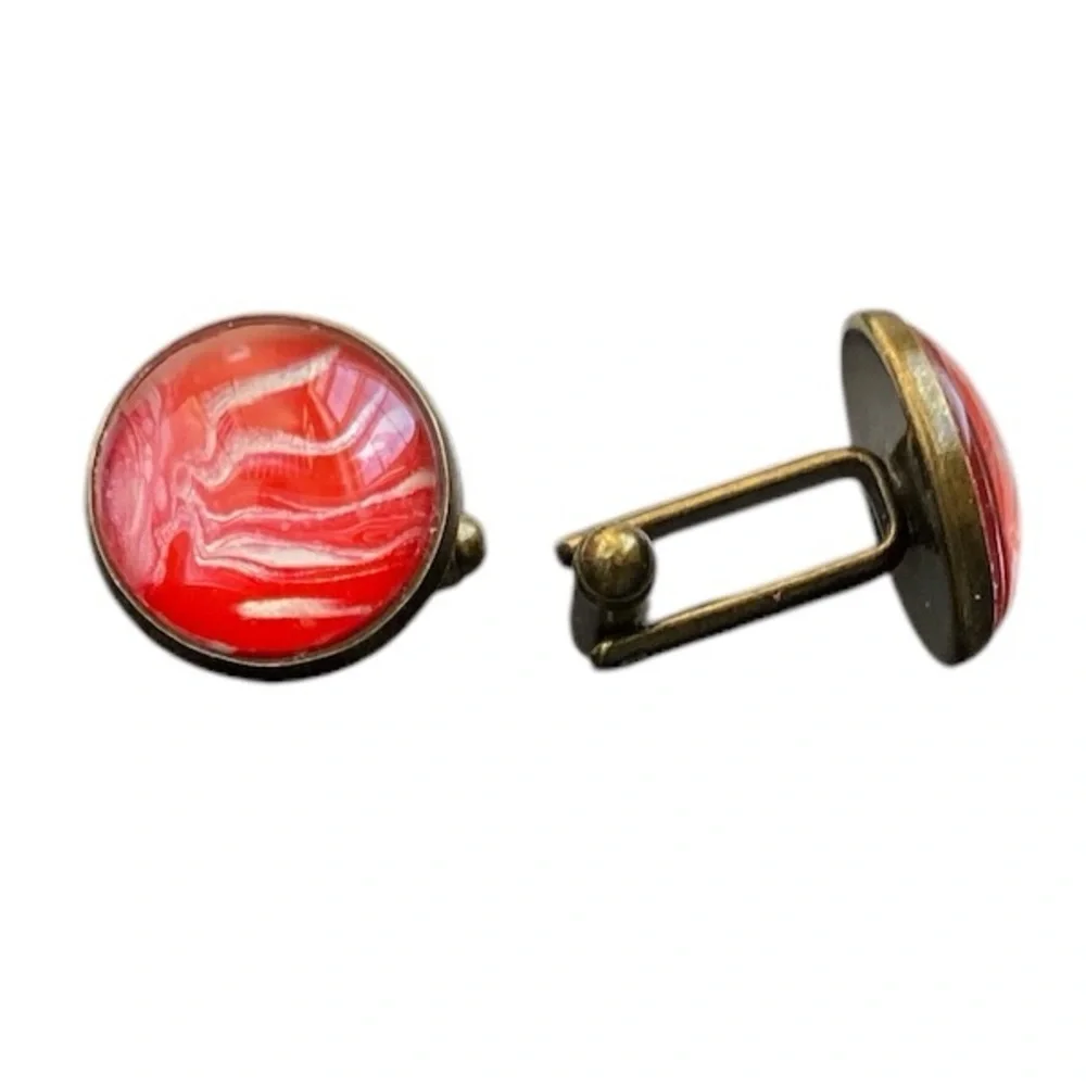 Handmade Red Fluid Art Glass Cabochon Cufflinks Brass Setting by Svetlana Yeung